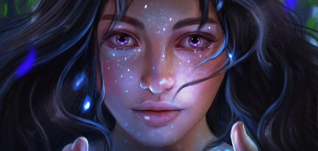 Close-up of a woman with long, dark hair and glittering skin, featuring purple eyes and a mystical expression, surrounded by vibrant colors suggesting a magical atmosphere.
